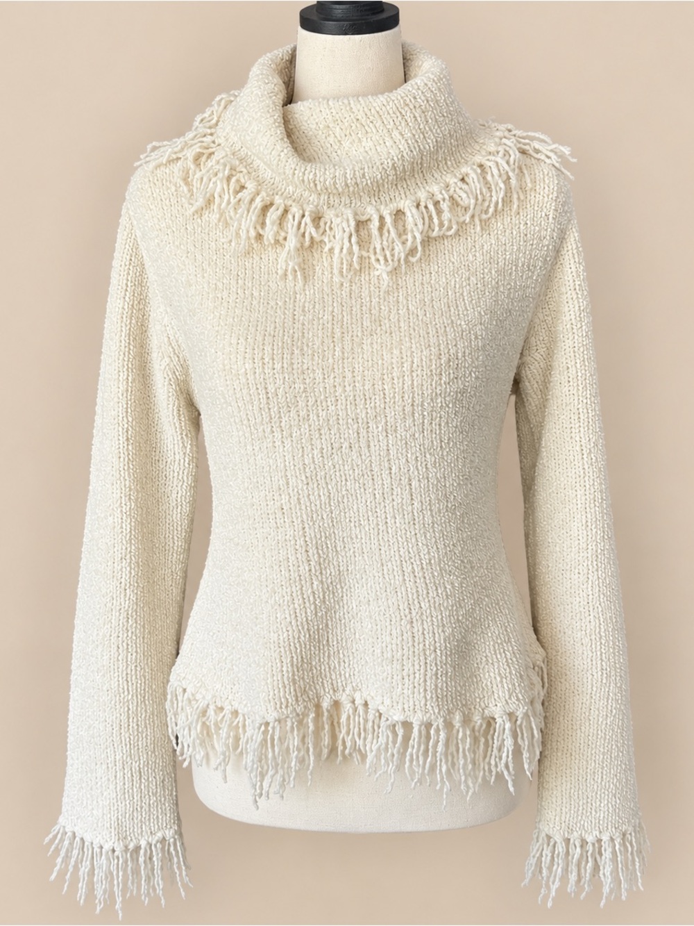 Y2K Fringe Cream Chenille Turtleneck M